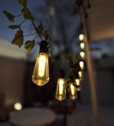 Warm outdoor string lights hanging with green ivy vines on a patio at dusk.