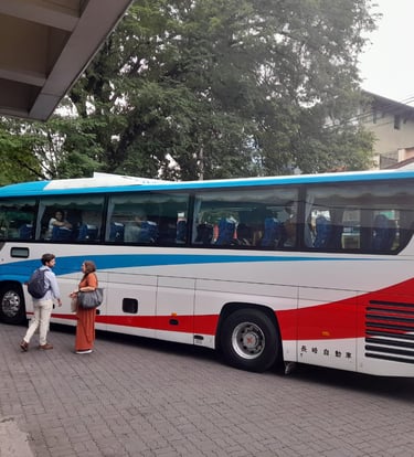 Visitors are getting ready to get into a Luxury bus for their explorations.
