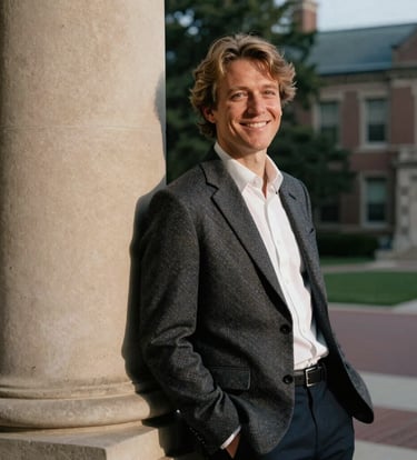 A sophisticated outdoor senior portrait of a young person in a stylish blazer, leaning against a classic stone pillar on a North American university campus. The lighting is soft and warm, highlighting a confident, joyful expression.