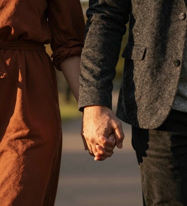 A close-up lifestyle shot of a couple's hands held together during a walk in a North American / US park at golden hour. Warm cinematic lighting with charcoal and terracotta clothing accents.