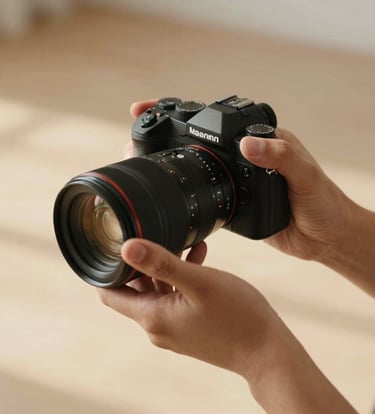 A close-up of a photographer's hands holding a professional camera, adjusting the lens in a sun-lit studio in North America, warm cinematic lighting, authentic and candid feel, Soft Sand color palette.