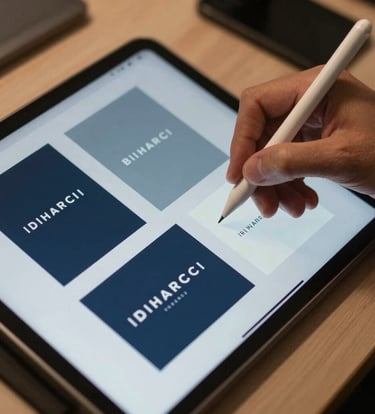 A close-up photograph of a professional's hands in a modern International / Western design studio, using a sleek digital stylus on a tablet. The screen shows a sophisticated brand identity in progress with Slate Blue and Dark Navy tones.