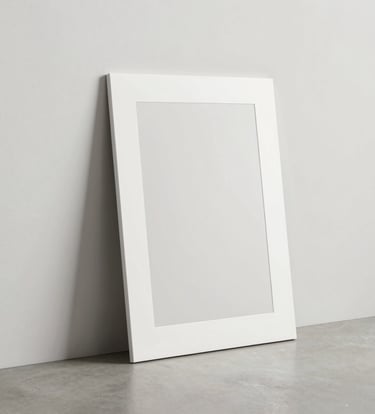 A minimalist photography print leaning against an off-white gallery wall, clean lines, soft shadows, high-end editorial style, Global / Contemporary Art.