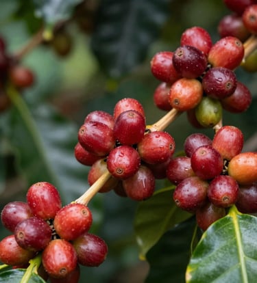 A detailed close-up of ripe, bright red coffee cherries hanging from a vibrant green branch. The lighting is natural and dappled, suggesting a South American coffee farm environment. High-end photography with a shallow depth of field, focusing on the texture of the fruit.