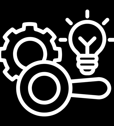 White outline icon showing a gear, magnifying glass, and light bulb representing business innovation.