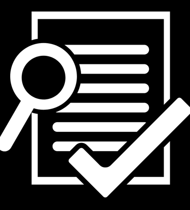 White document icon with a magnifying glass and checkmark on a black background for audit and verification.