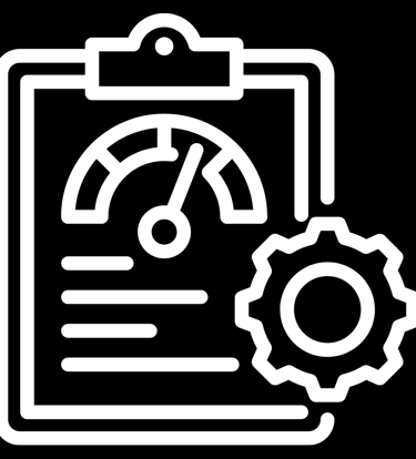 Icon showing a performance dashboard clipboard with a speed gauge and a settings gear.