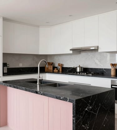 Detailed shot of a high-end kitchen renovation in a Latin American residence, featuring black marble countertops, soft pink decorative accents, and minimalist white cabinetry, bright and clean natural lighting, professional interior photography.