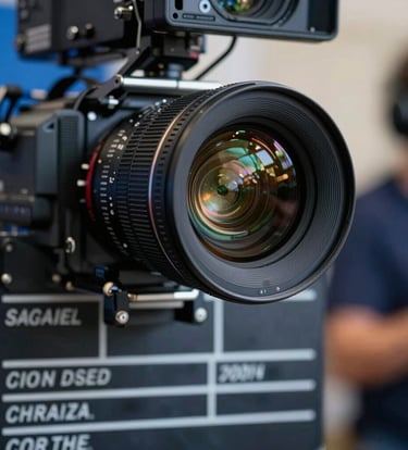 A close-up of a high-end cinema camera lens reflecting the lights of a busy North American film set, shallow depth of field, sophisticated slate blue and deep black tones, cinematic lighting.