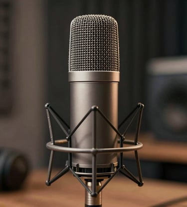 A close-up of a high-end microphone in a professional studio setting, reflecting soft warm light. The aesthetic is premium and artistic, using #0A0A0A and #8D765D tones.