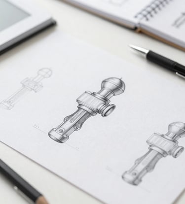 A close-up, high-detail shot of professional design tools and sketches on a clean surface. The composition is artistic and minimalist, using soft lighting and a palette of #778DA9 and #E0E1DD.