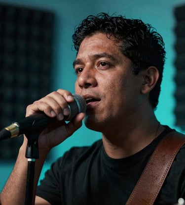 A close-up of a musician performing with a microphone in a South American / Colombian music studio. The lighting is cinematic with neon cyan highlights and midnight black shadows.
