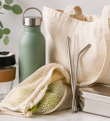 Reusable alternatives to single-use plastics including a tote bag, reusable water bottle, metal stra