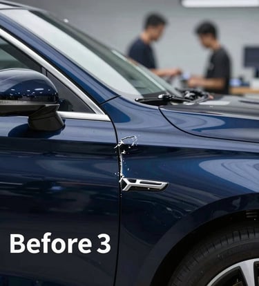 A 'Before' image showing a deep, sharp dent on a luxury car door. The lighting highlights the imperfection on the navy blue paint surface. Professional workshop environment.