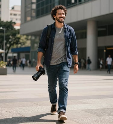 A South American / Brazilian man walking through a modern urban plaza in São Paulo, smiling charismatically, carrying a professional digital camera, stylish casual attire in navy and gray tones, natural sunlight photography.