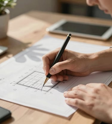 A candid, warm-toned close-up of an architectural technician's hands sketching on a blueprint. The desk is bathed in sun-drenched light with a soft shadow of a nearby plant, using a palette of #F9F6EE and #8D6B5F.