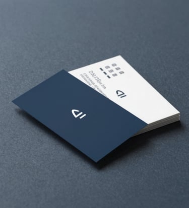 A high-end business card mockup resting on a textured dark gray-blue surface (#4A5763). Sophisticated side-lighting creates sharp, professional shadows. The design on the card is minimalist and strategic, reflecting brand identity expertise.