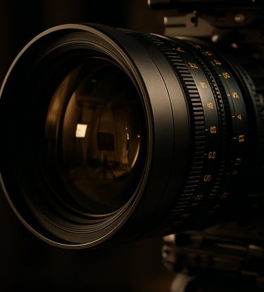 A close-up of a high-end cinematic lens on a camera, reflecting a professional studio setup with rich black and muted gold tones, North American / International production style.