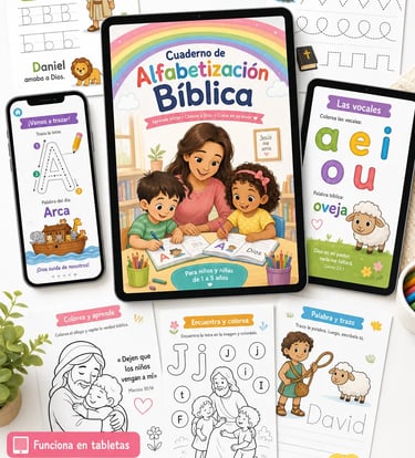 Libro de actividades y cuaderno de alfabetización bíblica para niños en tabletas, celulares y para imprimir.