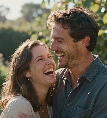 A candid, close-up photograph of a couple laughing together in a sun-drenched garden in the North American Midwest. The lighting is warm and cinematic, highlighting genuine emotion and storytelling.