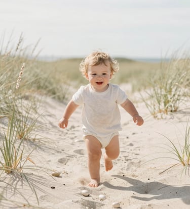 A candid photograph of a toddler running through a light almond colored beach grass field in West Michigan. High-key lighting, soft focus, capturing pure joy and natural beauty. Warm sand and pearl white tones.