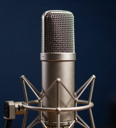 A close-up photograph of a premium condenser microphone in a professional studio setting in Southern Europe. The lighting is cinematic and focused, highlighting the metallic textures against a dark navy blue background. Professional excellence and sophistication.