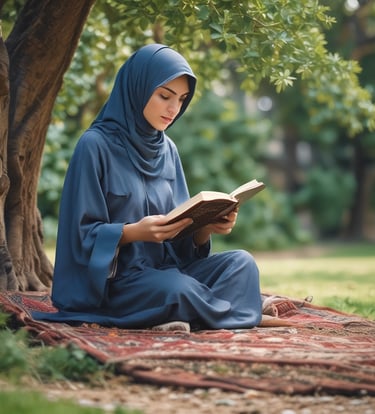 a woman in a blue dress is sitting on a rug