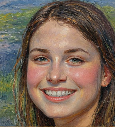 Impressionist oil painting of a smiling young woman with brown hair and a nature backdrop.