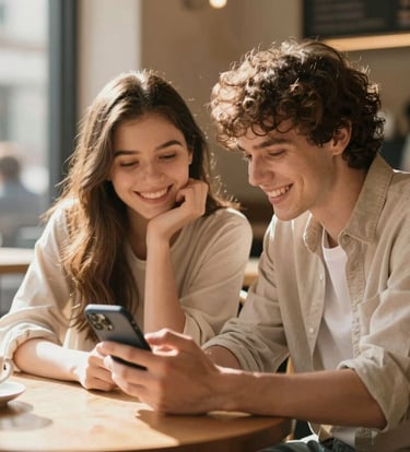 A cinematic, warm sun-drenched photo of a young couple interacting happily with a digital app on a smartphone, sitting in a cozy cafe. The atmosphere is friendly and human-centric, featuring tones of #F7F4E9 and #D1A689.