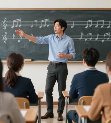 A dynamic shot of a musician in an International / English-speaking classroom setting, enthusiastically teaching a group of adults. The scene is bright and professional, with musical notes on a chalkboard in the background.
