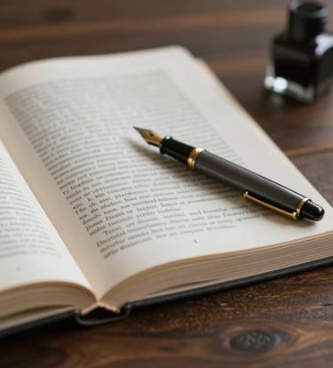A close-up, scholarly shot of an open academic journal and a vintage fountain pen resting on a dark wood surface. The lighting is focused and warm, highlighting textures of paper and ink, incorporating #D4B281 and #3D3B3C tones.