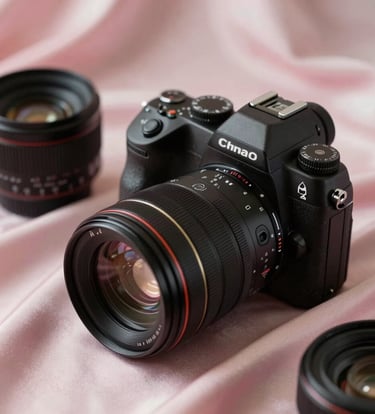 A close-up photograph of professional photography equipment on a soft light pink silk cloth. The lighting is elegant and soft, emphasizing the high-quality textures. Middle Eastern / Gulf aesthetic with a focus on luxury and detail.