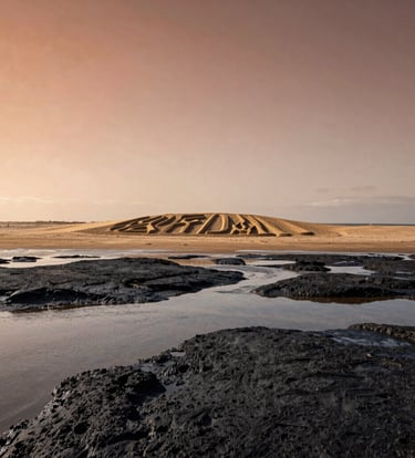 A wide, cinematic shot of a sprawling beach during the golden hour. In the distance, a large-scale sand artwork is carved into the shore, surrounded by dark Charcoal tide pools that reflect the Soft Sand and Terracotta sky.