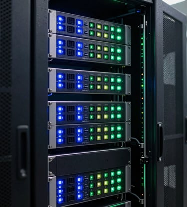 A professional close-up photograph of high-tech server racks with glowing blue and green status LEDs inside a secure data facility in Mexico City, representing systems engineering and online safety infrastructure.