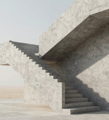 A high-end minimalist architectural photograph of a brutalist concrete staircase. The composition uses harsh shadows and sharp angles. The concrete texture is visible against a soft sand sky (#F9F7F2). Professional, authorial style.