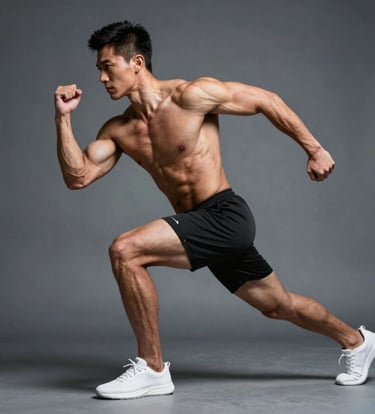 A high-impact fitness photography shot of a male model in a mid-action athletic pose. Lighting is high-contrast, highlighting muscle definition against a gunmetal grey background with silver grey highlights.