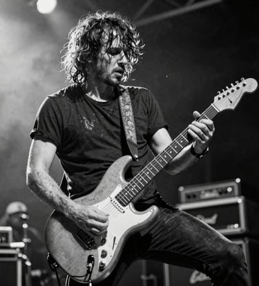 A dynamic shot of a guitarist on stage, captured in high-contrast black and white, raw energy, sweat and motion blur, Western European music festival setting.