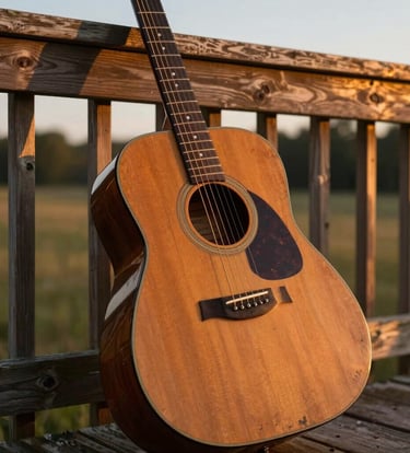 A close-up photograph of a weathered acoustic guitar resting against a wooden porch railing in the North American countryside during the golden hour. The lighting is warm and soulful, highlighting the grain of the wood in burnt orange and dark brown tones.