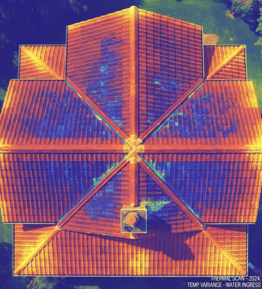 Thermal roof image showing temperature variance and likely water ingress