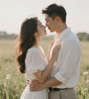 An elegant engagement photograph of a couple in a sun-drenched meadow, showcasing artistic elegance and authentic emotion. Soft #CFC7BB lighting and contemporary styling.