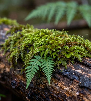 Macro photography of vibrant green moss and delicate ferns growing on a damp cedar log, soft diffused light in a North American forest, high detail on textures, tranquil atmosphere.