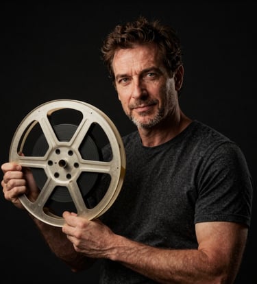 A dramatic, low-key portrait of a filmmaker in an Angolana professional studio, holding a vintage film reel. The lighting is high-contrast with a warm golden #B89F6B rim light against a deep black #0A0A0A background, capturing a focused and wise expression.