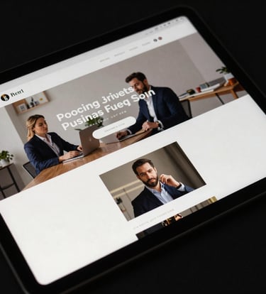 Close-up photography of a high-end, modern business website displayed on a tablet, showing clean typography and high-impact imagery, in a professional North American / US studio setting. Palette features soft off-white and deep black.