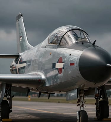 A detailed, artistic shot of a vintage fighter jet's nose art and fuselage, highlighting the metallic texture and heritage rivets. Lighting is moody and dramatic with deep shadows and #B2BEB5 silver tones.