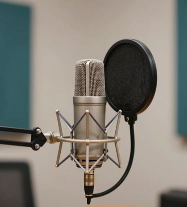 A cinematic close-up of professional podcasting equipment in a cozy studio. A high-end microphone with a pop filter is in focus. Background features soft muted teal accents and warm off-white tones. North American / US interior style.