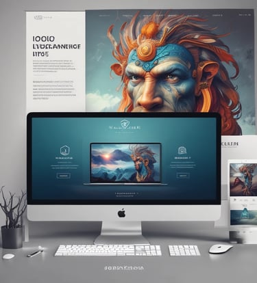 A modern workspace featuring a laptop displaying a vibrant website with deep navy and electric blue accents.