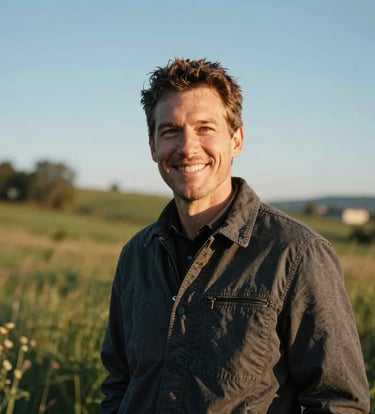 A friendly, cinematic portrait of a photographer in a North American / US outdoor setting. Soft golden hour lighting, authentic smile, wearing a charcoal jacket. Background is a blur of sun-drenched greenery and sky blue.
