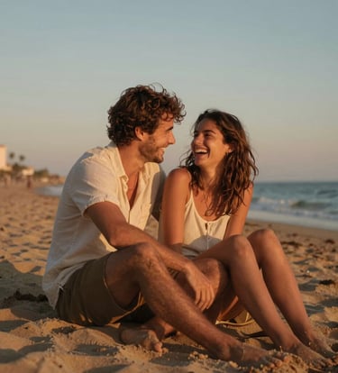 An intimate lifestyle portrait of a young couple laughing together, sitting closely on a sandy beach during sunset, Spain / Southern Europe. Warm golden hour lighting, cinematic style with terracotta and sand tones, natural and nostalgic.