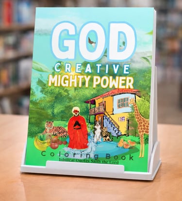 God Creative Mighty Power coloring book on a stand with biblical quotes and animal illustrations.