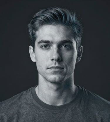 A high-resolution portrait showing studio-level lighting and sharp textures. The subject has a professional look with subtle digital light effects in #98C1D9 tracing their silhouette. Minimalist dark background.